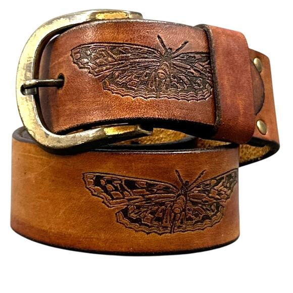 VTG Latitan Leather Belt 26 Brown Hand Tooled Stained Butterfly Bras Buckle Boho - Picture 1 of 14
